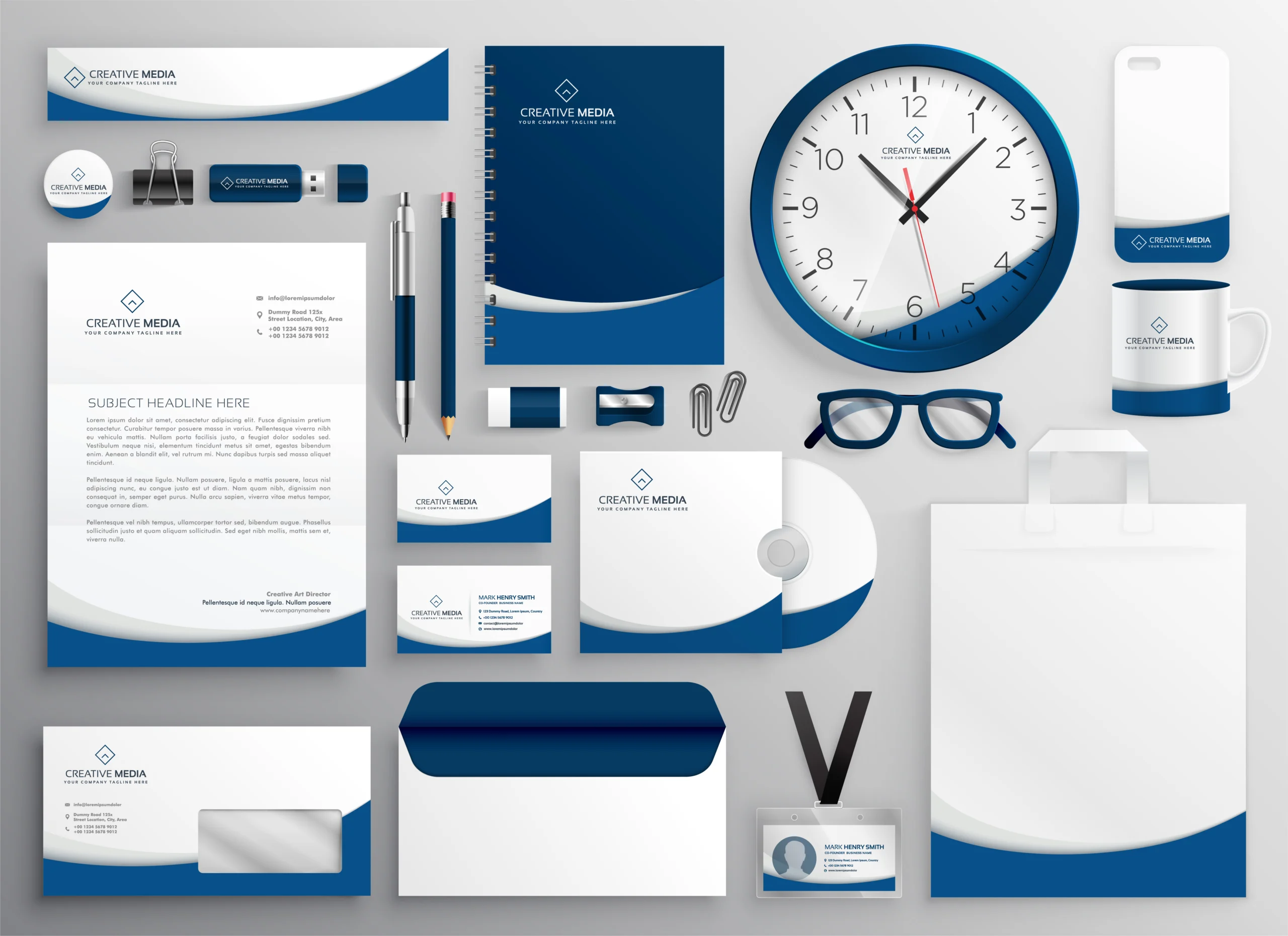 modern blue professional business stationery set brand identity design logo palette colori sistema visivo professionale