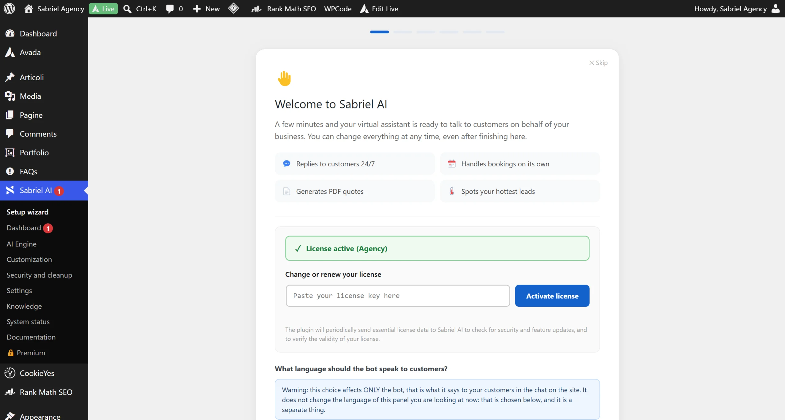 Avvio guidato di Sabriel AI che legge la homepage e propone un tono di voce