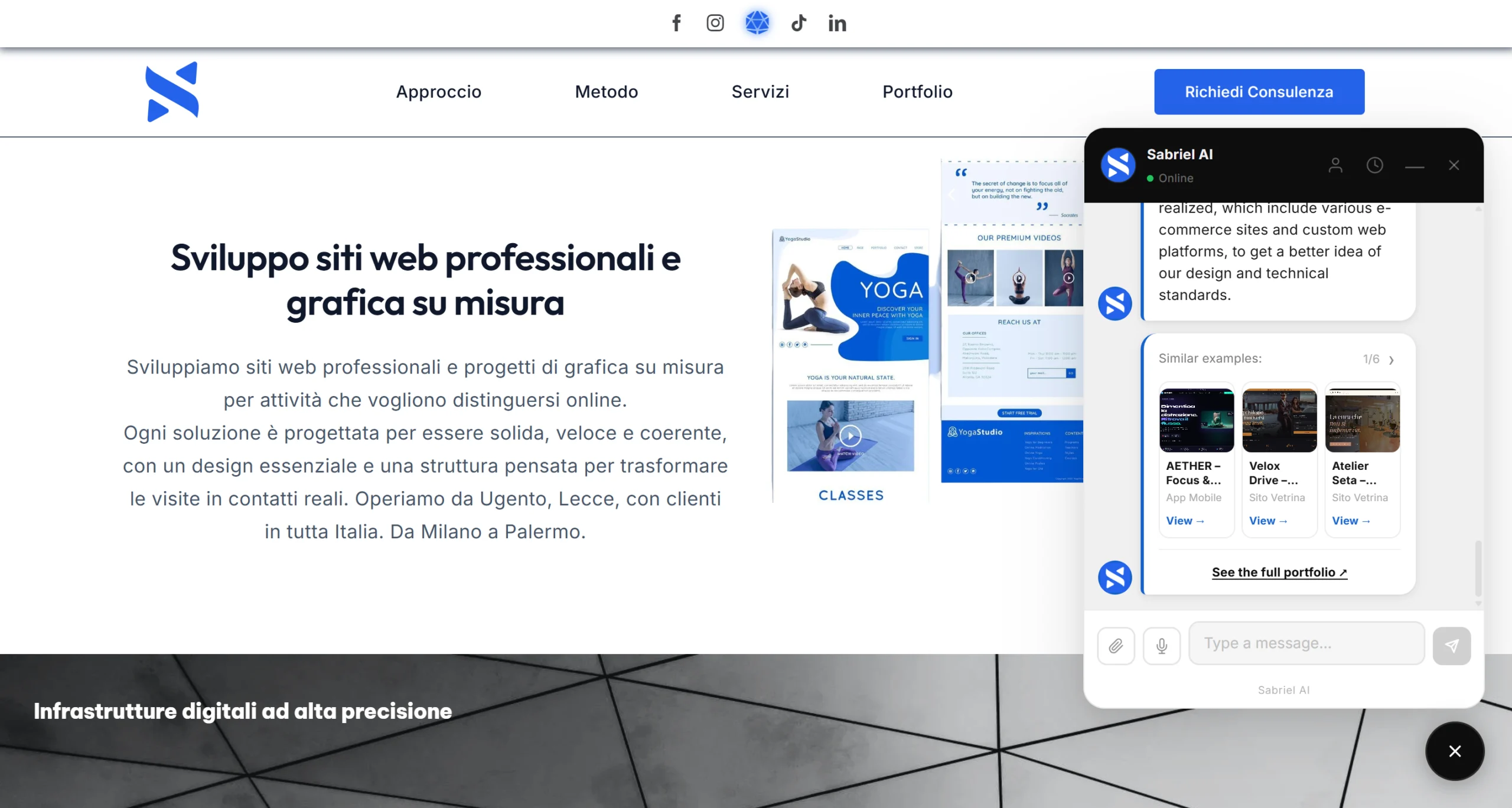 Schede portfolio con immagini e link mostrate dentro la chat