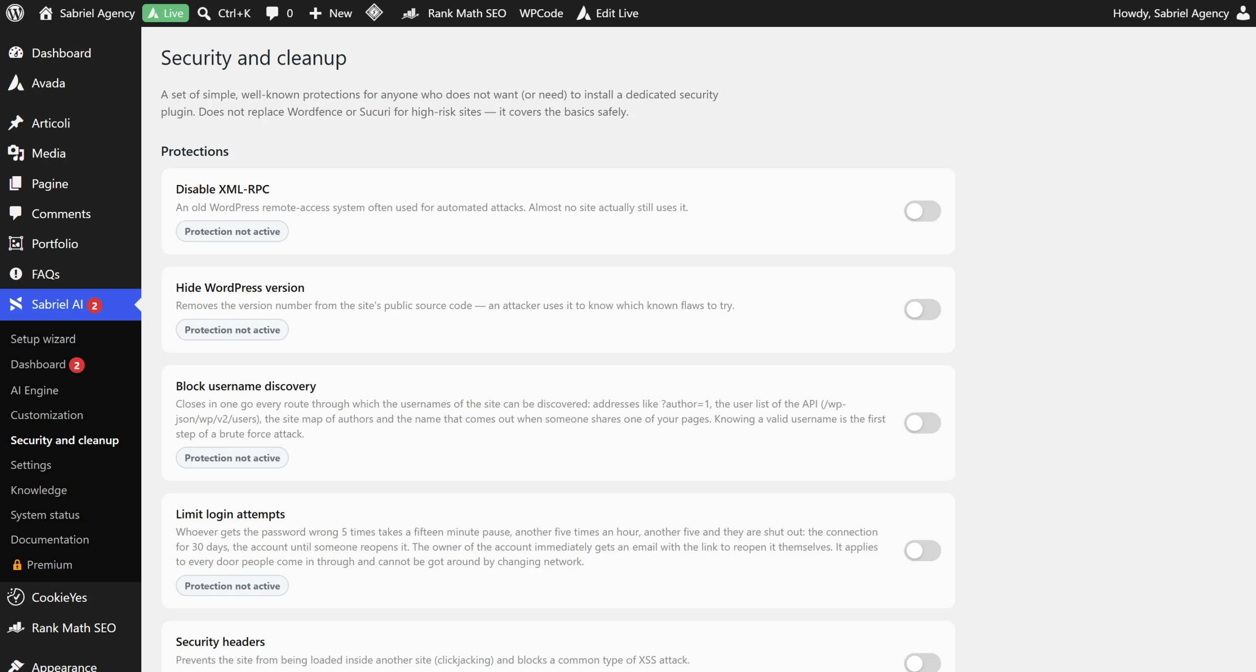 Pannello sicurezza WordPress con nove protezioni attivabili
